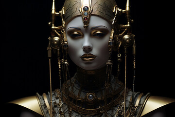 A close-up of a regal female cyborg with intricate headgear against a dark background