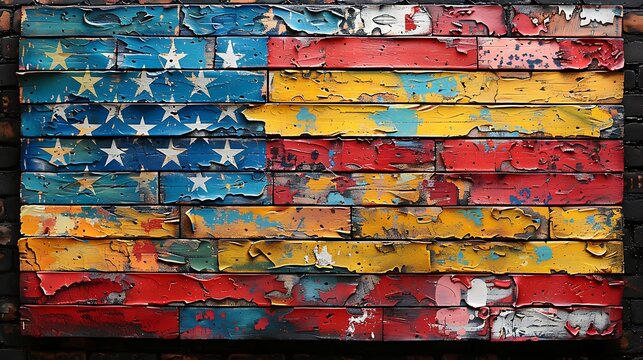A dynamic depiction of the USA flag in graffiti style on an urban brick backdrop, blending traditional patriotism with modern street art techniques.