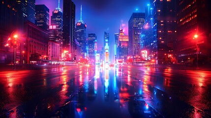 Obraz premium A dynamic neon representation of the USA flag, illuminating a night-time cityscape with its bright and energetic glow, reflecting a modern urban spirit.