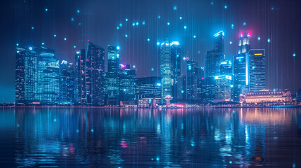 Fototapeta premium Modern cityscape and communication network concept. (Internet of Things). ICT (Information communication Technology). 5G. Smart city. Digital transformation.