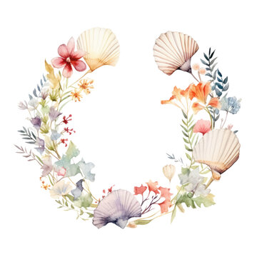 A watercolor painting of a wreath of flowers and seashells.