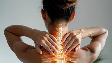 Woman experiencing neck pain with highlighted spine