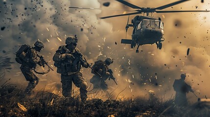 Special Forces Team Extraction by Helicopter in Combat Zone