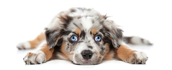 A liver and white dog breed with blue eyes, laying on a white surface