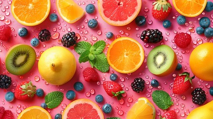 Vibrant summer background pattern of colorful tropical fruits.