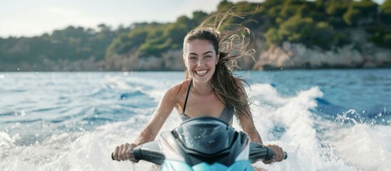 woman or girl in summer at sea on jet ski
