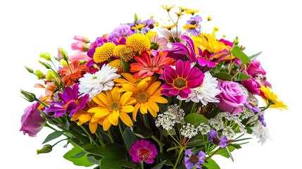 Colorful bouquet of mixed flowers on white background
