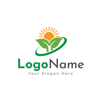 Green agro logo with fields and leaves. Logo design, farm logo design