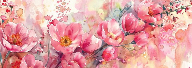Blossoming pink florals in a vibrant watercolor painting