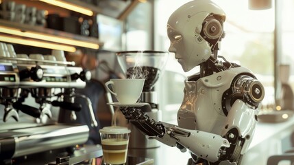 The robot brews steaming coffee at the cafe serving up freshly roasted beans, Generated by AI