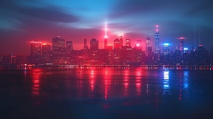 A neon-lit USA flag casting a radiant glow over a cityscape at night, blending patriotic symbolism with a contemporary, energetic aesthetic. - obrazy, fototapety, plakaty