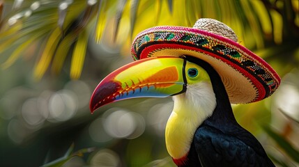 Obraz premium Colorful toucan in a festive sombrero against lush green backdrop