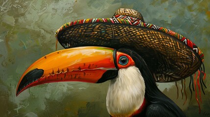 Naklejka premium Colorful toucan with vibrant sombrero on textured background
