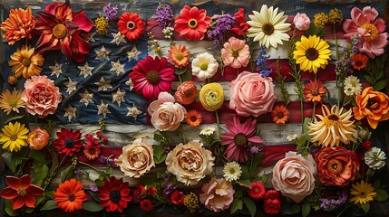 A picturesque floral USA flag, where nature and patriotism blend in a display of flowers that symbolize the country’s organic beauty and growth.