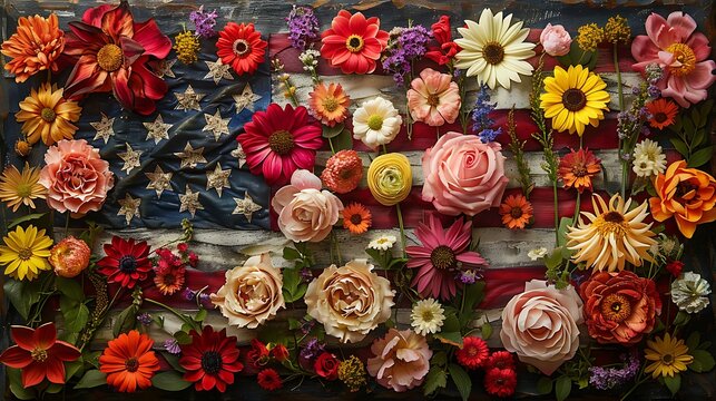 A picturesque floral USA flag, where nature and patriotism blend in a display of flowers that symbolize the country&rsquo;s organic beauty and growth.
