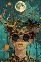 Surreal depiction of a nocturnal forest scene reflected in a young man's sunglasses.
 - obrazy, fototapety, plakaty