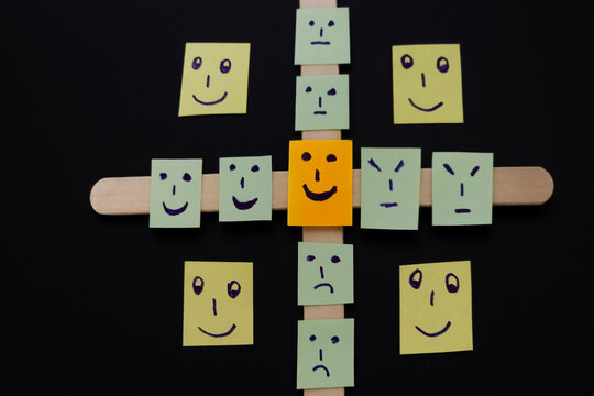 concept for positive attiude with sall office notes with multiple face with blackground,attitude ,emotional.
