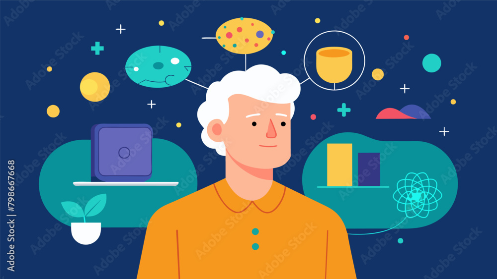 Poster a retiree enjoys their golden years with the help of neural tech enhancing their memory and cognitiv