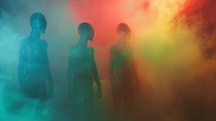 Mysterious silhouettes of three unrecognizable figures in colorful smoke
