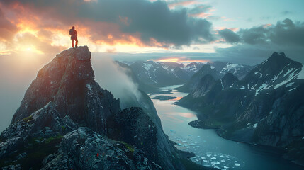 Climber conquering a big rock in the high mountains of Lofoten Island, under the northern lights and midnight sun.