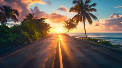 A beautiful road at sunset stretching into the distance, against the backdrop of the ocean, palm trees - Powered by Adobe