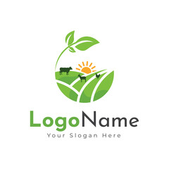 Green agro logo with fields and leaves. Logo design, farm logo design