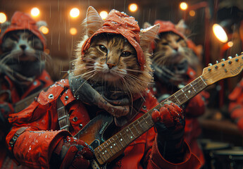 A cat playing the guitar, wearing red and gloves in heavy rain with other cats dressed as rock stars behind him, playing drums, playing basses - obrazy, fototapety, plakaty