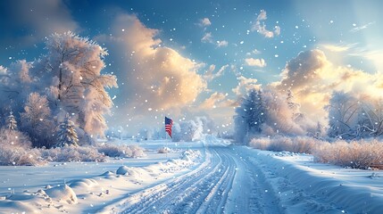 A serene winter scene with the USA flag draped over a snowy landscape, symbolizing the resilience and endurance of the American spirit against a backdrop of harsh winter conditions.