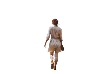 portrait of a young woman walking, back view, transparent, isolated on white