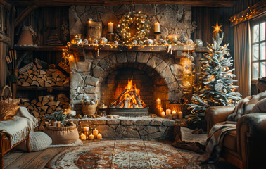 Fototapeta premium The interior of country house decorated for Christmas with large stone fireplace Christmas tree decorations garlands and gifts