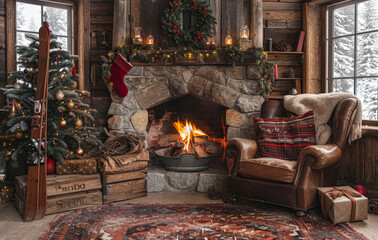 Fototapeta premium Christmas living room with fireplace Christmas tree and wreath.