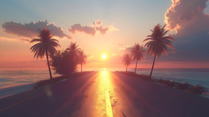A beautiful road at sunset stretching into the distance, against the backdrop of the ocean, palm trees - obrazy, fototapety, plakaty