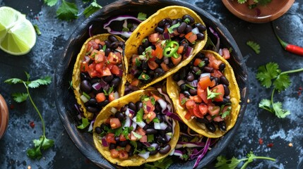 An aerial shot captures a bowl filled with black beans mini taco boats cabbage and salsa all the fixings needed to create a delicious taco loaded with black beans and veggies