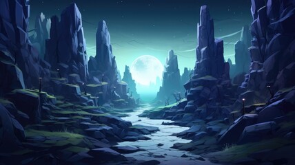 Mystical moonlit landscape with towering rocky formations, a clear path leading towards the glowing full moon amidst starry skies