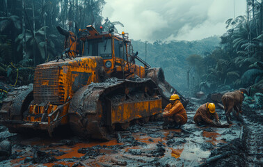 Workers are cleaning up the oil spill from the big truck in the jungle.