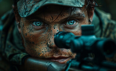 Close-up portrait of man in camouflage and hat with sniper rifle