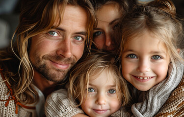 Young father and his three daughters indoors in bedroom hugging and smiling.