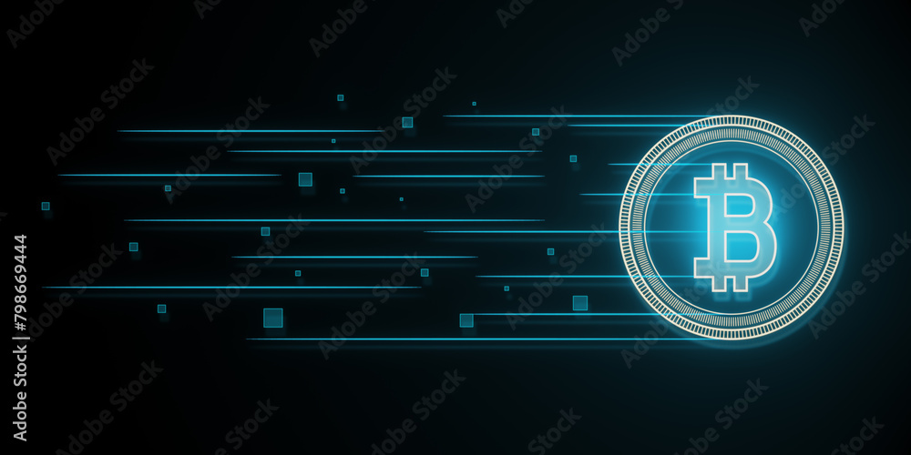 Poster creative growing round bitcoin hologram on dark background. cryptocurrency and finance concept. 3d r