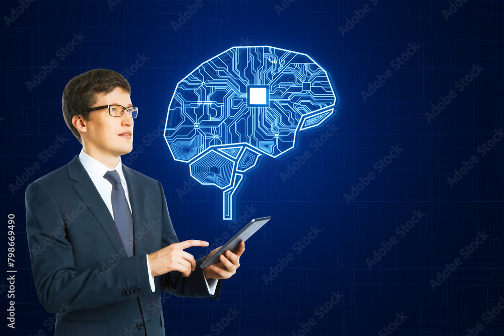 Poster Handsome young businessman using smartphone with creative glowing AI brain hologram and circuit on dark background with mock up place. Artificial intelligence and innovation concept.