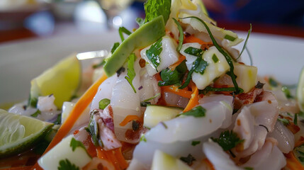 Delicious Peruvian Ceviche Photo, Culinary World Tour, Food and Street Food - obrazy, fototapety, plakaty