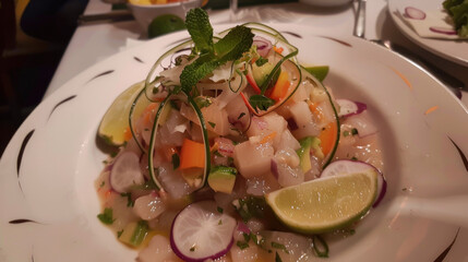 Scrumptious Peruvian Ceviche Mixto Display, Culinary World Tour, Food and Street Food - obrazy, fototapety, plakaty