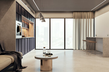 Spacious luxury kitchen interior with window and city view. 3D Rendering.