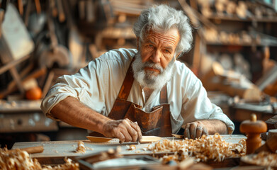 A middle-aged man with gray hair and beard is working in the workshop, wearing an apron, holding wood to make furniture, very focused on his work