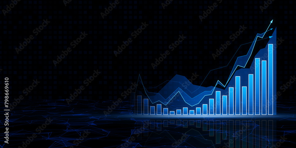 Poster creative growing blue forex chart on dark background with mock up place. trade, finance and stock co