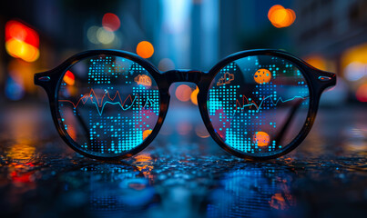 Glasses with stock market graph hologram and blurred cityscape in the background