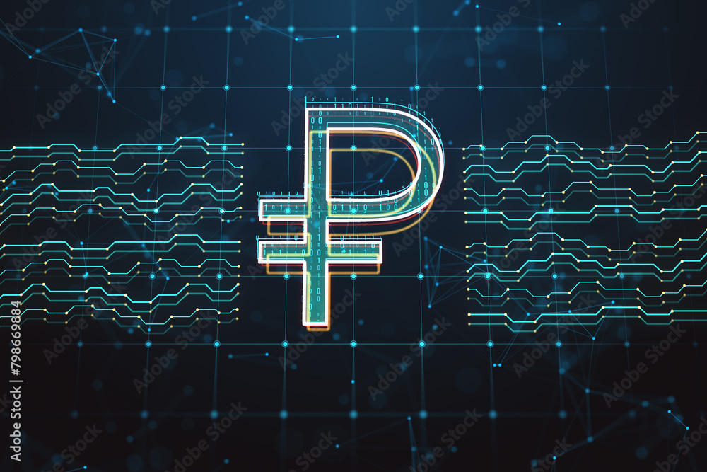 Poster Abstract digital ruble sign and circuit on dark grid background. Online banking, trade and cryptography concept. 3D Rendering.
