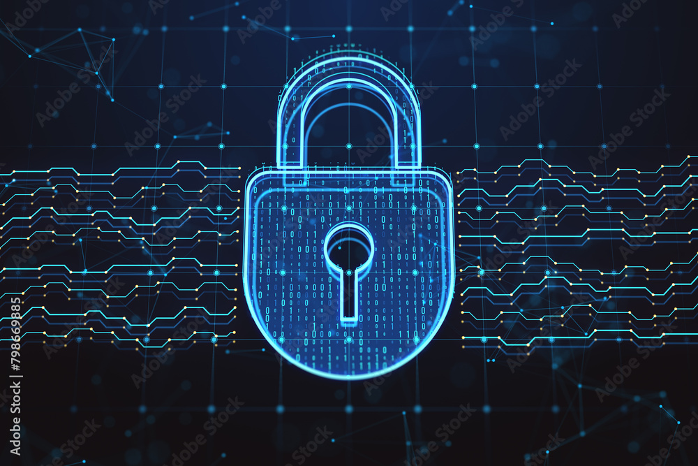 Poster abstract glowing digital padlock hologram on dark background. safety and security concept. 3d render