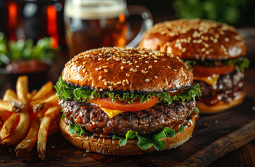 Two delicious beef burgers with lettuce tomato and onion and cold beer on wooden table