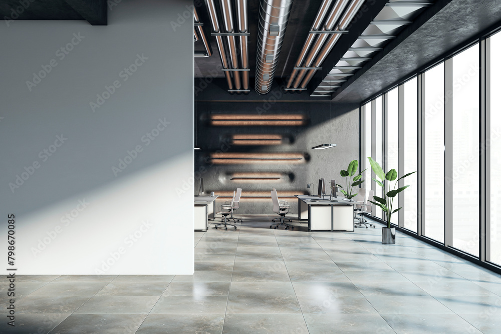 Poster modern coworking office interior with empty mock up place on wall, window and sunlight. 3d rendering