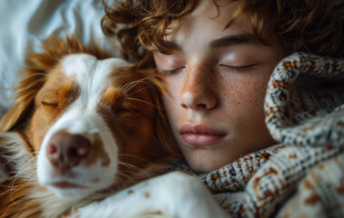 Boy and his dog sleeping together in bed
